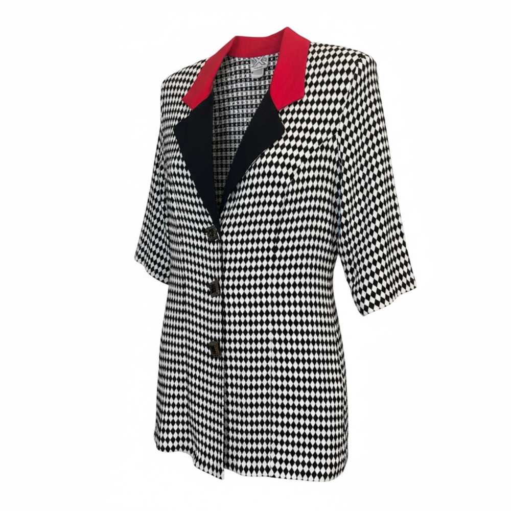 VTG Black White Red Diamond Print Rayon Blazer